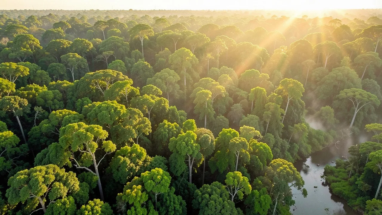 Dense closed-canopy rainforest seen from above at low altitude, with a river visible through the trees.
