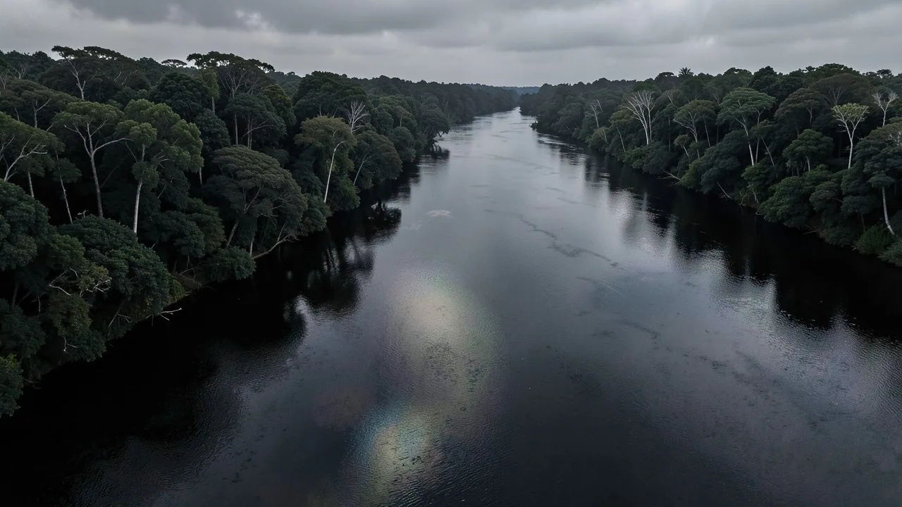 A wide brown river winding through continuous rainforest, seen from a high bank at dawn.