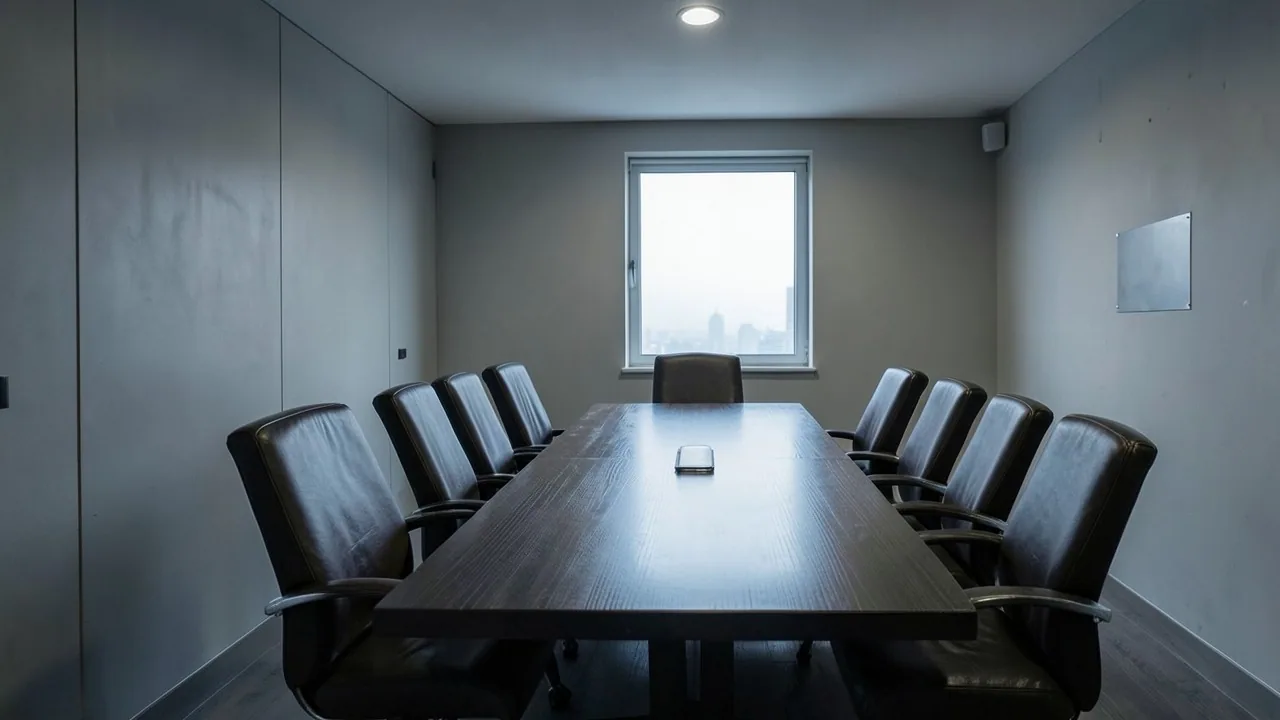 An empty boardroom with a long dark table, each place set with a folder and a glass of water.