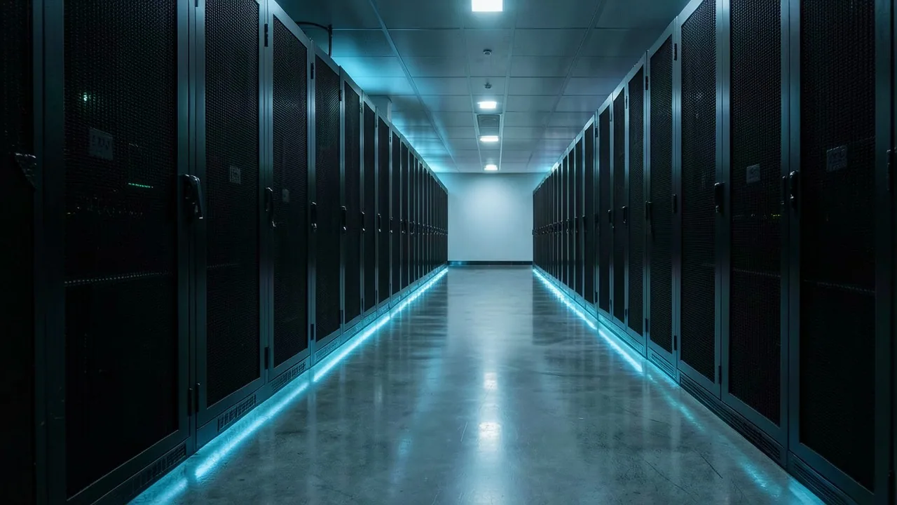Rows of dark server racks in a cold aisle, lit by a single line of ceiling light.
