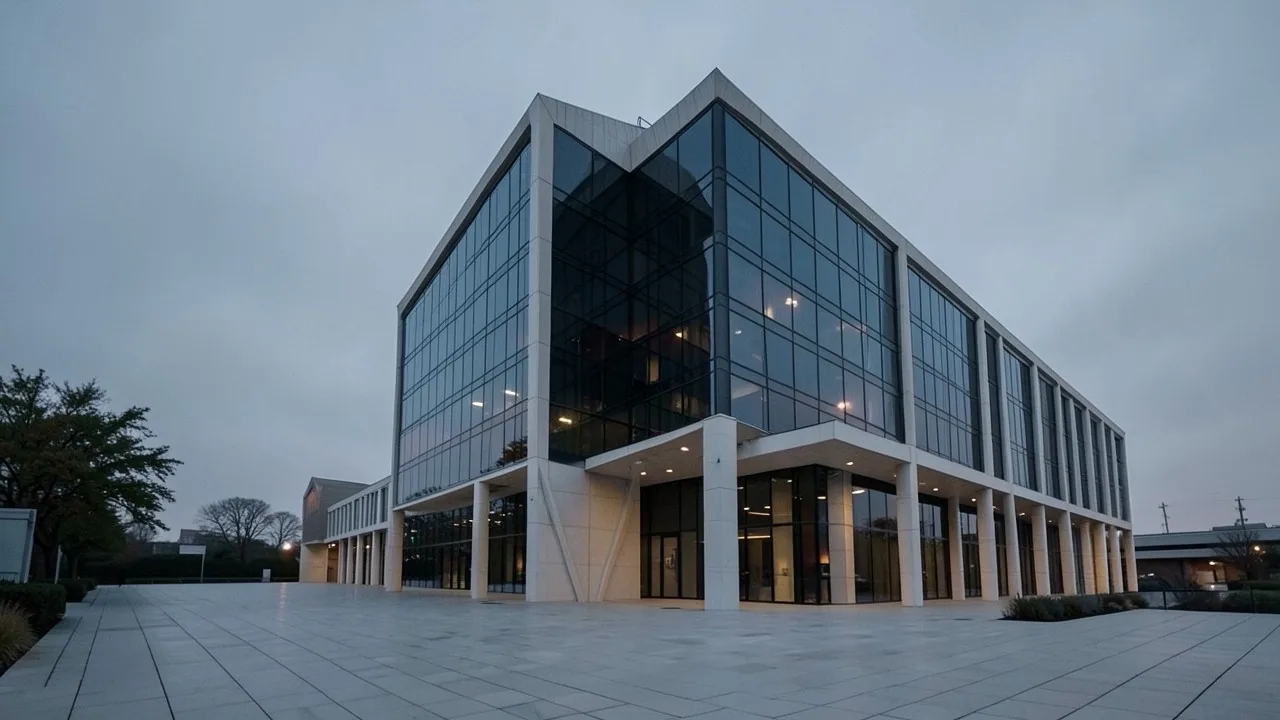 Pentex House at dusk, seen across the plaza from the river.