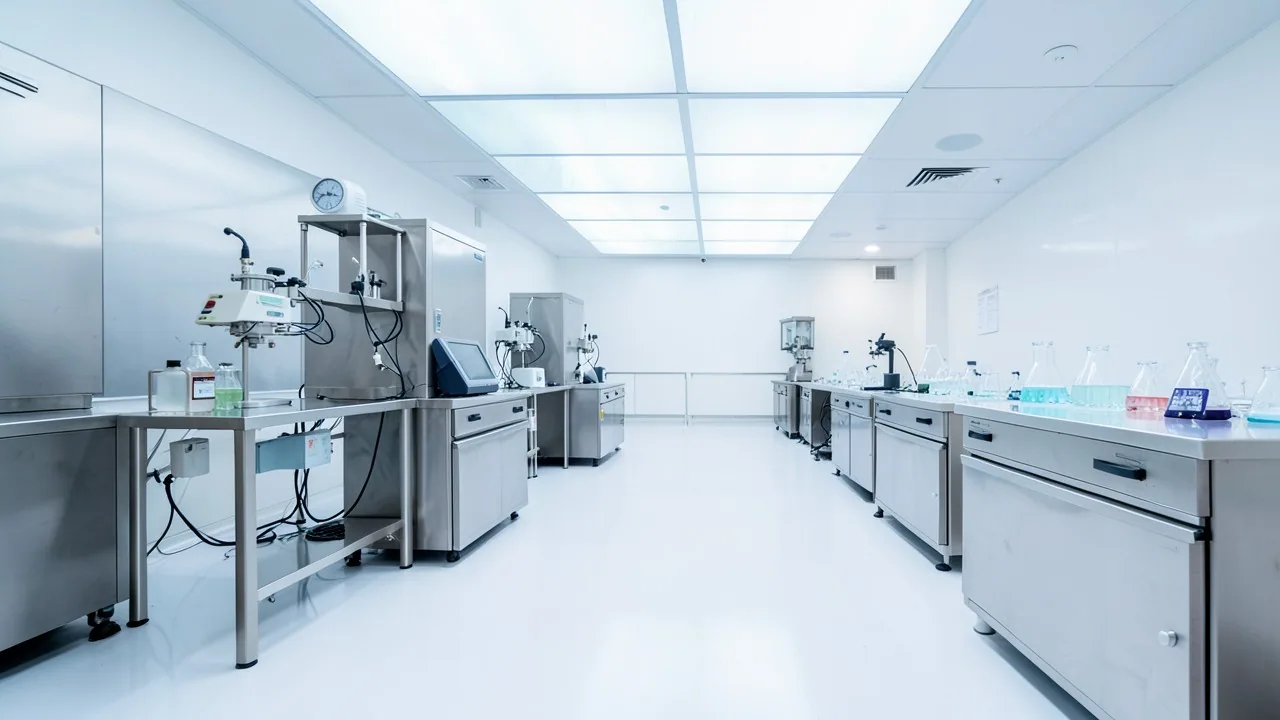 A clean-room laboratory at Pentex BioSynth, lit from above, with stainless benches and glassware.