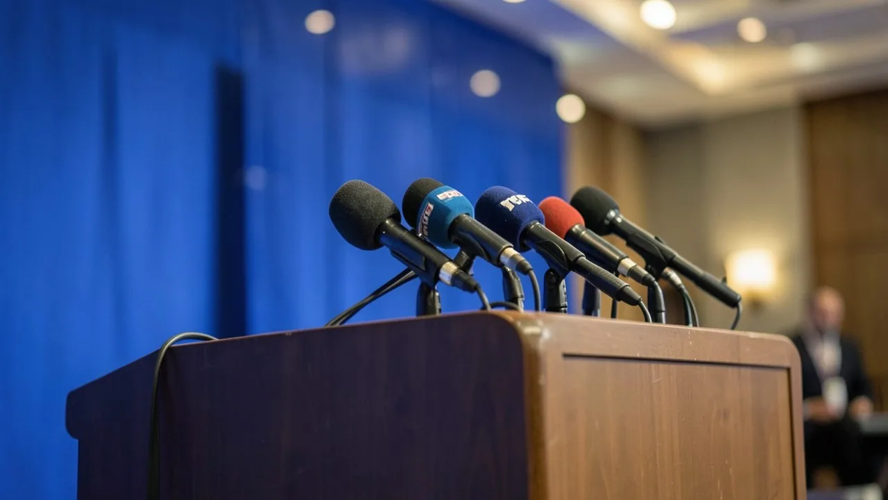 A corporate press event seen from the back of the room, with a lit lectern and a bank of microphones.