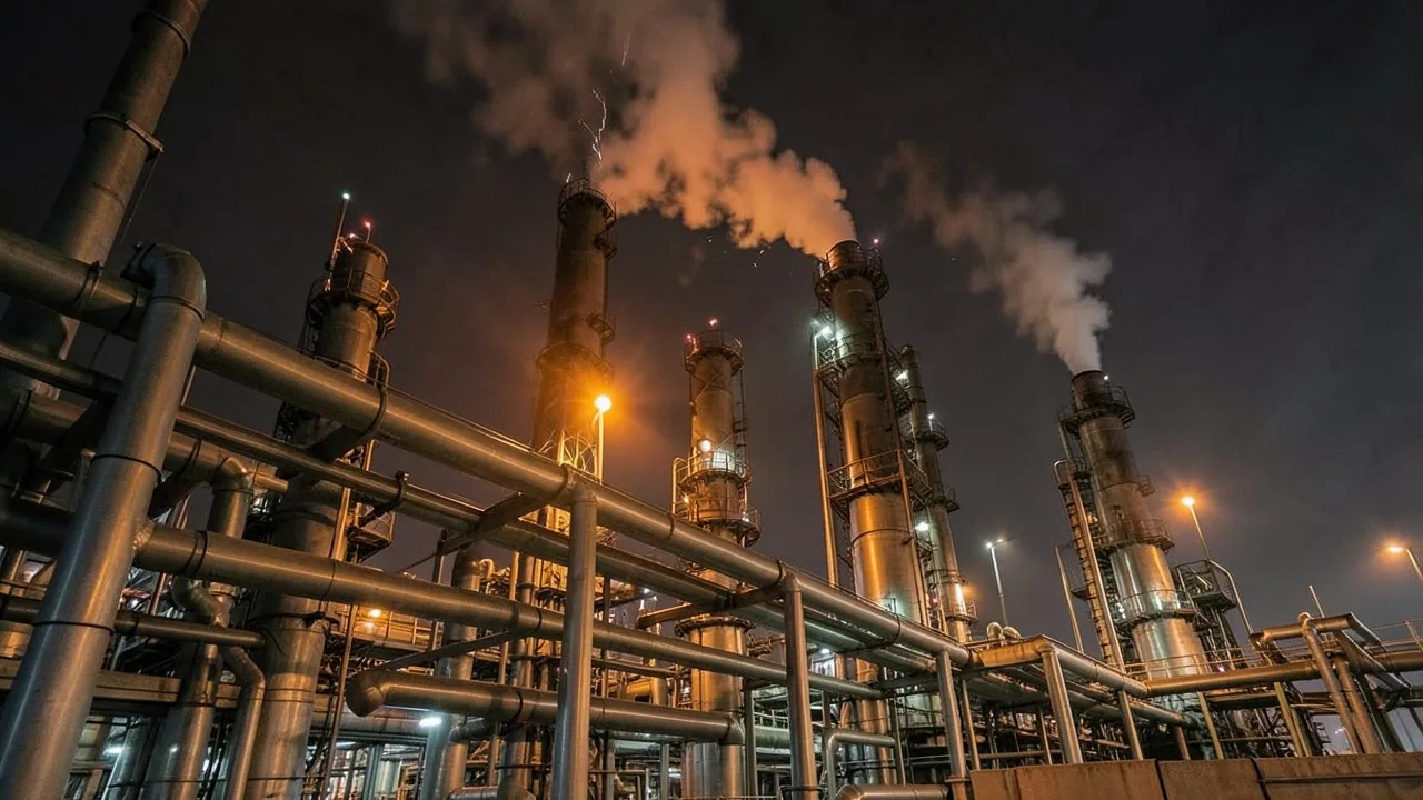 A petrochemical plant at night, stacks lit from below against a dark sky.