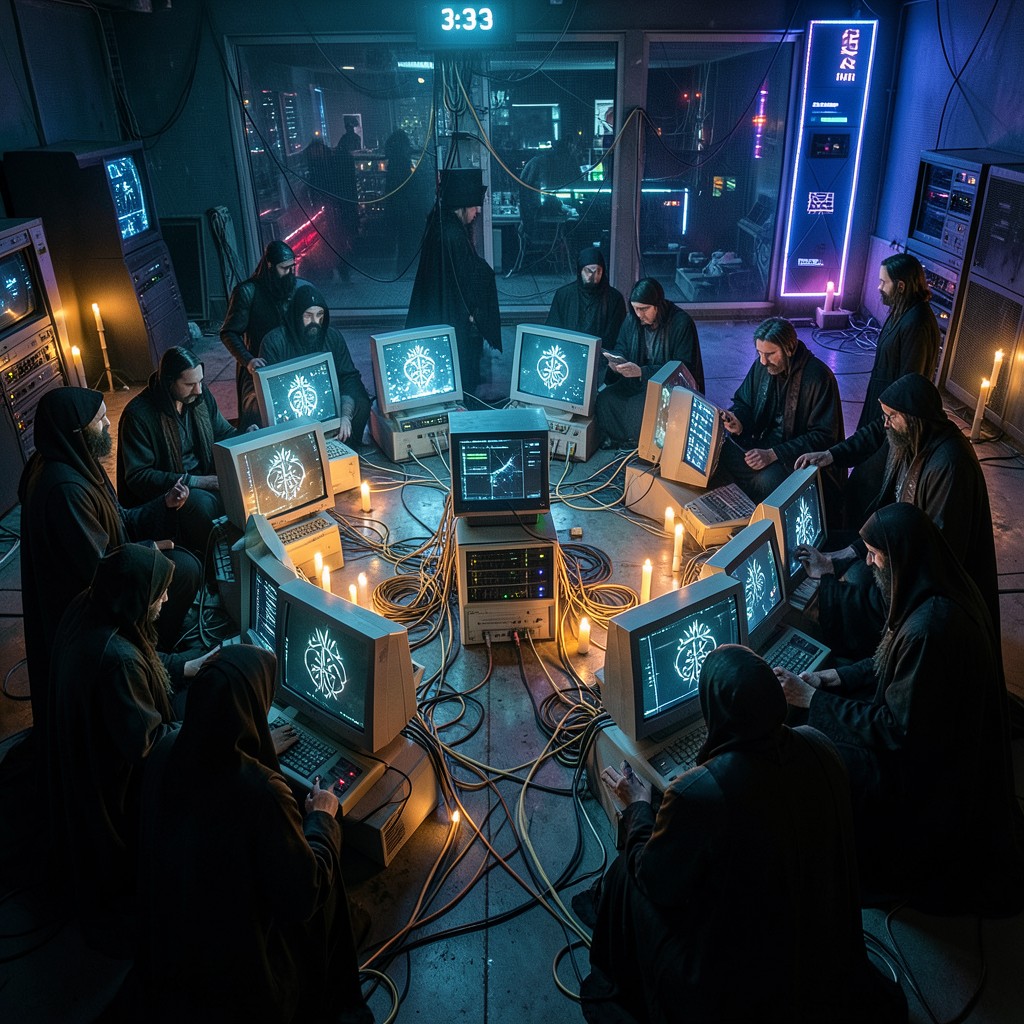 Thirteen mages in a circle at 3:33 AM, every CRT showing the same sigil, every cable running to one server.