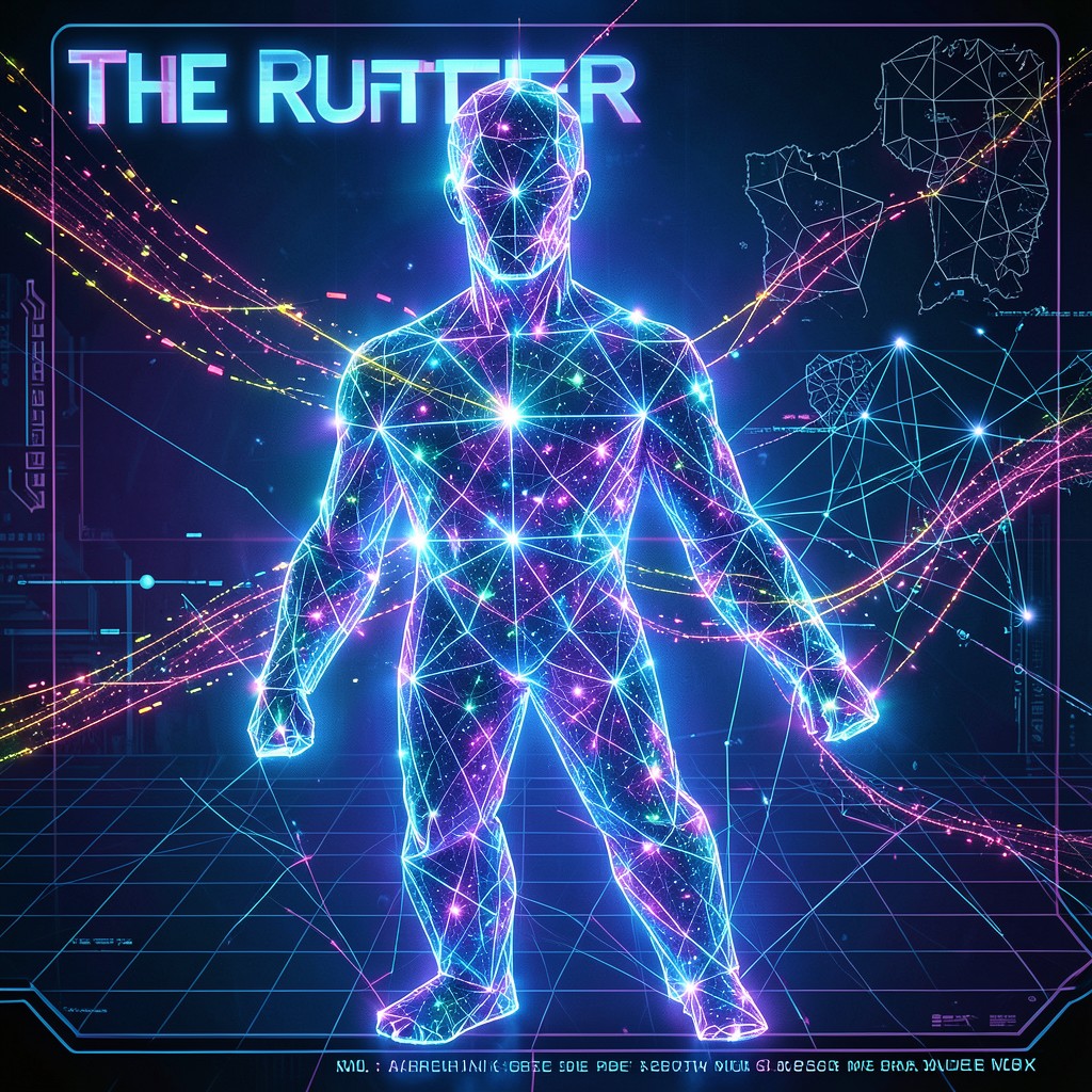 The Router: a luminous exchange point at MAE-EAST, every line a pathway, every packet a decision.