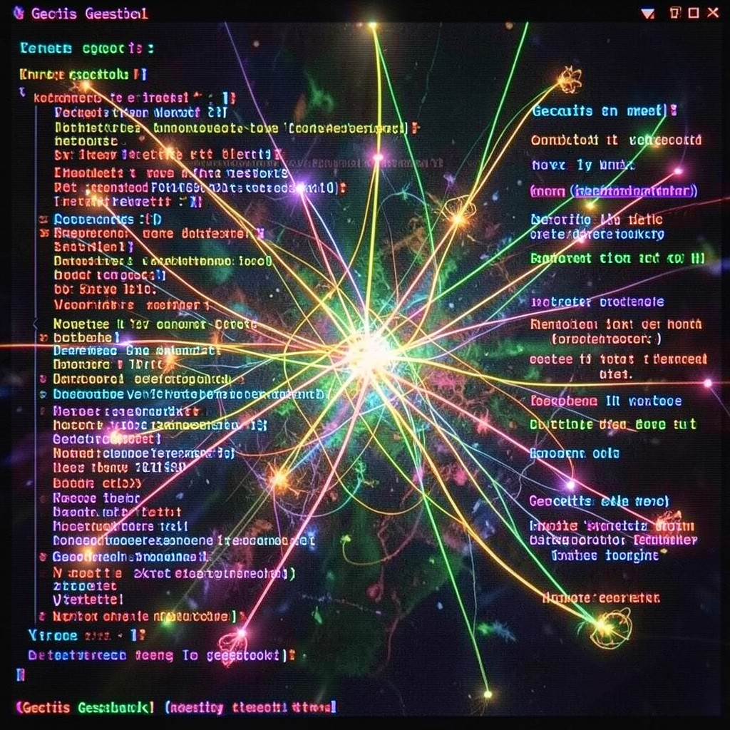 A guestbook and IRC room packed with messages, threads of collective light strung between the usernames.